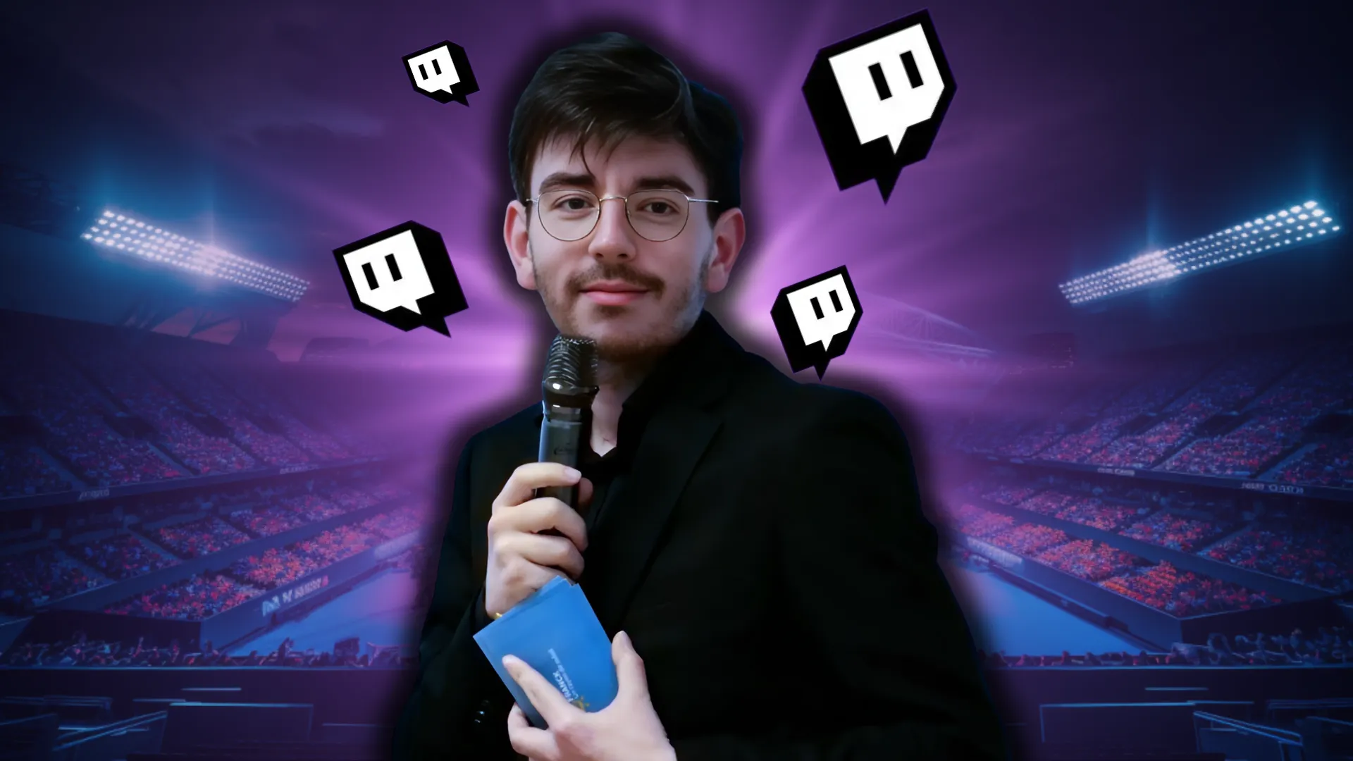 Photo de Steven tenant un micro, avec des logos twitch autour de lui