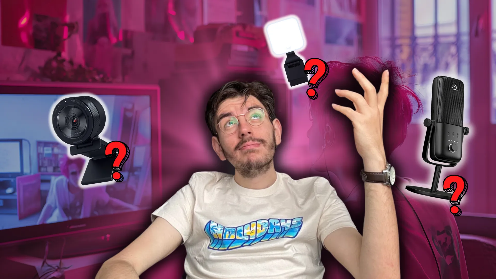 Steven avec des icônes de matériel autour de lui